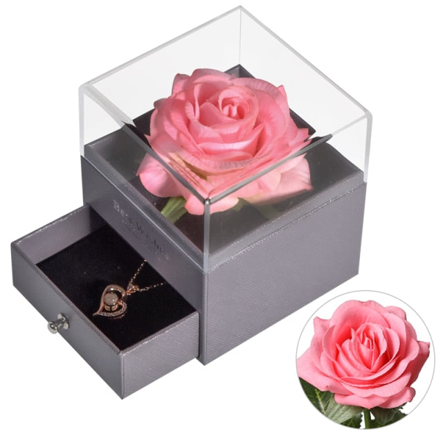 Eternal Rose with 100 Languages I Love You Necklace Love Box